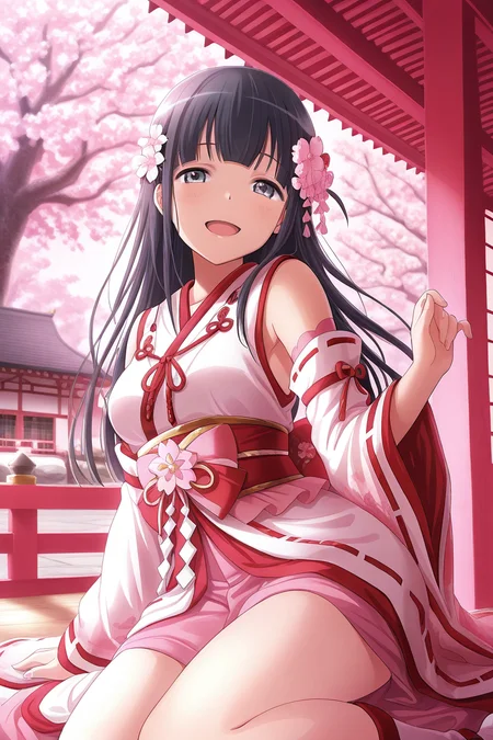 masterpiece, best quality, amazing quality,
<lora:Mahiru_IL:1> mahiru, 1girl, hair ornament, solo, long hair, cherry blossoms, flower, hair flower, detached sleeves, japanese clothes, smile, black hair, open mouth, looking at viewer, east asian architecture, tree