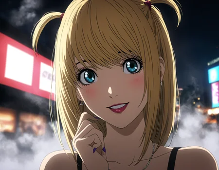 1girl, portrait of Misa Amane, death note, Modern Anime, adult female, From Death Note anime, best quality, 8K, DSLR quality, Bloom Lighting, Good Face, Beautiful Face, Slim, highly detailed, glow, extreme details, fog, smoke, blond hair, full body, happy, smile, perfect eyes, <lora:perfect-eyes:1>, perfecteyes, eyes reflection, detailed eyes, upper body, hdr quality, full of color, smoke, cinematic, night, moon light, 2010s, windy, hair swaying in wind, purple nail polish, nigh time, blue eyes, grainy, chromatic aberration, adult woman, Depth of field effect, uwu, cute, blush, perfecteyes, eyes reflection, detailed eyes, upper body, shy smile, hdr quality, hands doing cute pose, full of color, smoke, cinematic, in city, times square, no crowd, <lora:misa_amane-step00000800:1>