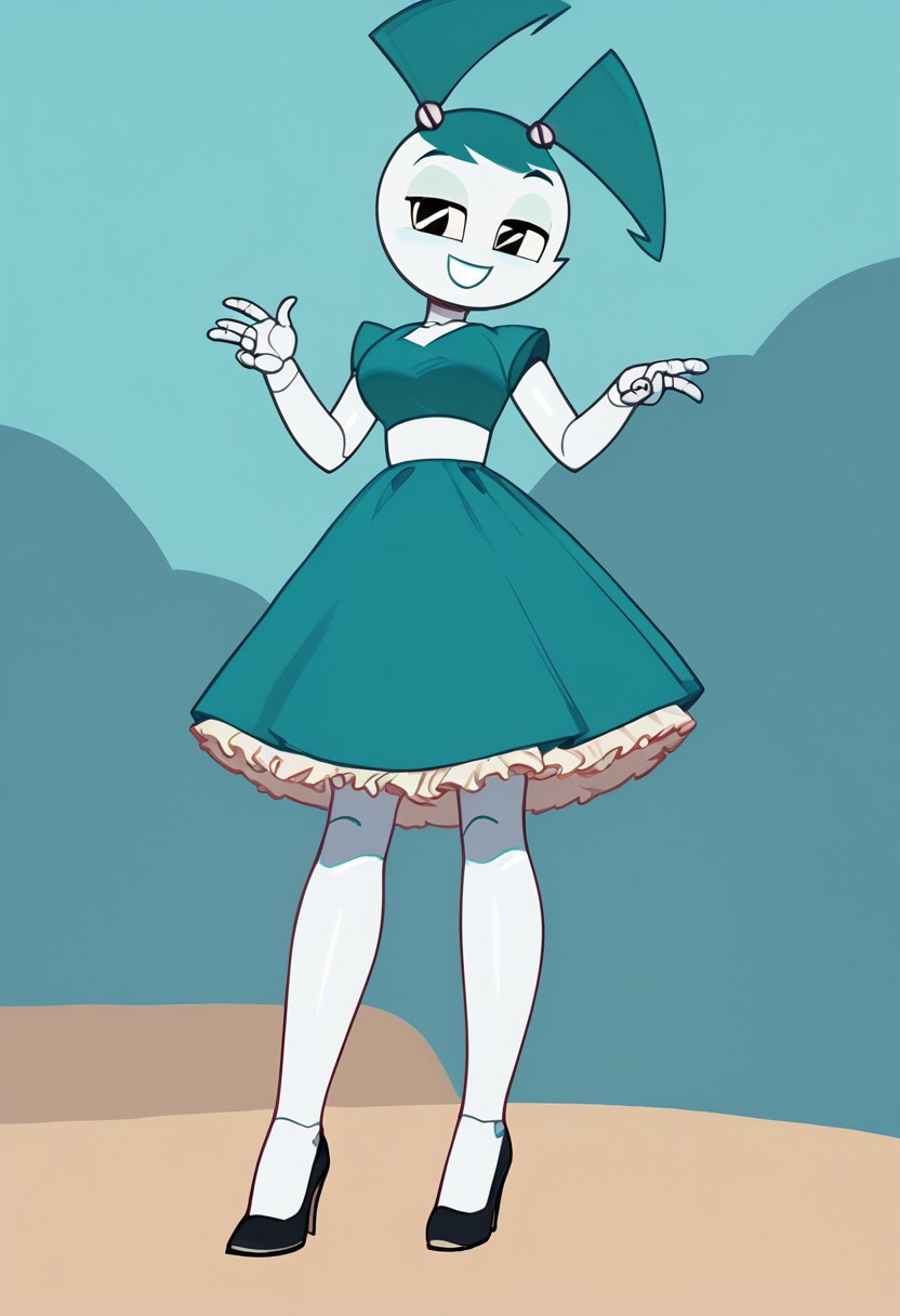 (Masterpiece, best quality:1.2), score_9, score_8_up, flat color, flat shading, soft shading, lighting, Jenny Wakeman as an adult, in a 1950's full length formal blue skirt, a white belt, button down v-neck formal black top, a fluffy frilly ruffled full white petticoat, and black high heels, dress, layered petticoat, frilly petticoat, fluffy petticoat, full petticoat, detailed petticoat ((wide skirt, detailed outfit, flowing skirt, long skirt, solid blue colored skirt, black high heels)), blue hair, series accurate, cute, best high quality, high res, robot, humanoid robot, medium breasts, whole body shot, 1girl, ((solo, outdoors, looking at you, low angle)), cute, seductive, seductive smile, half lidded eyes, low angle shot, cartoon, cartoon style, vector, solo, circle dress, 1950s, whisperfoot_style, dance dress jenny, jenny wakeman, 1girl, solo, robot joints, black eyes, white skin, ponytail, hair bow, blue rose chest corsage, poofy dress, blue hair, flat lighting