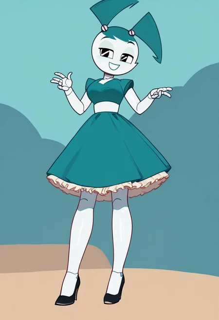 (Masterpiece, best quality:1.2), score_9, score_8_up, flat color, flat shading, soft shading, lighting, Jenny Wakeman as an adult, in a 1950's full length formal blue skirt, a white belt, button down v-neck formal black top, a fluffy frilly ruffled full white petticoat, and black high heels, dress, layered petticoat, frilly petticoat, fluffy petticoat, full petticoat, detailed petticoat ((wide skirt, detailed outfit, flowing skirt, long skirt, solid blue colored skirt, black high heels)), blue hair, series accurate, cute, best high quality, high res, robot, humanoid robot, medium breasts, whole body shot, 1girl, ((solo, outdoors, looking at you, low angle)), cute, seductive, seductive smile, half lidded eyes, low angle shot, cartoon, cartoon style, vector, solo, circle dress, 1950s, whisperfoot_style, dance dress jenny, jenny wakeman, 1girl, solo, robot joints, black eyes, white skin, ponytail, hair bow, blue rose chest corsage, poofy dress, blue hair, flat lighting
