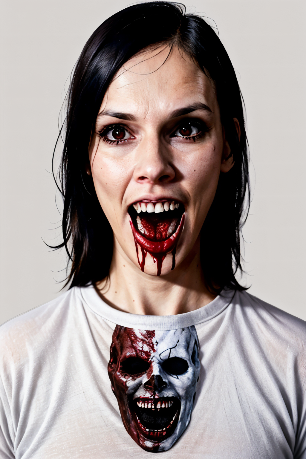 (Realistic:1.5) (masterpiece) (full body portrait)) horror nose, horror (theme), shirt, white eyes, facing viewer, blood on face, artist name, realistic, table, tongue out, skull, facial mark, pen, black hair, nose, red eyes,   <lora:EdobHorror_v1.0:0.8>