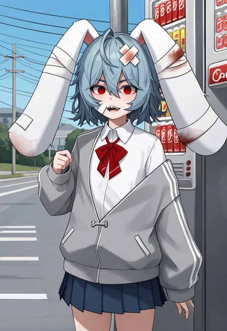 1girl, solo, Parasi, red eyes, messy hair, blue hair, long hair, animal ears, rabbit ears, hair between eyes, bangs, blood, sidelocks, bandages, 
white shirt, long sleeves, blue skirt, pleated skirt, school uniform, short hair, grey jacket, collared shirt, off-shoulder jacket,
school, street, vending machine, lamppost, utility pole, power lines, sharp teeth