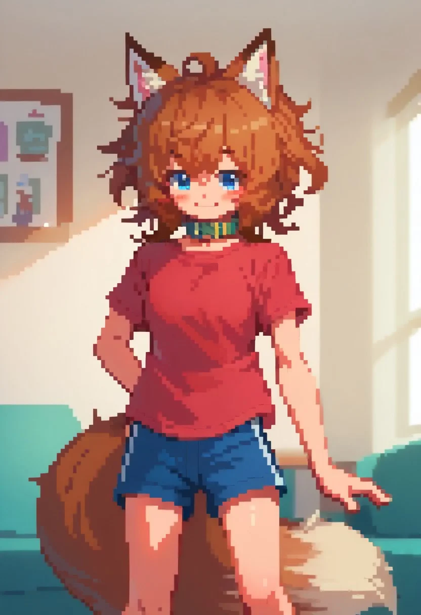 score_9, score_8_up, score_7_up, source_anime, Millyfox, fox ears, animal ears, blue eyes, brown hair, messy hair, tail, collar, red shirt, short sleeves, shorts, looking at viewer, smile, blush, standing, indoors, cowboy shot,