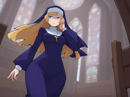 1girl, blond hair, long hair, wide hips, narrow waist, medium breasts, in church, stained glass,
nun, habit, wimple, robe, coif, cross necklace
<lora:DarkfireStyle19v2:0.85>