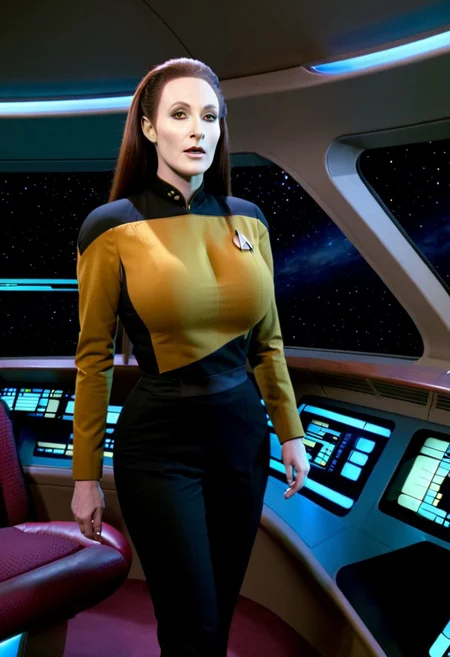 Star Trek TNG, TV Still, sexy female Data wearing a yellow starfleet uniform, solo focus, full body, long hair, large breasts, big boobs, huge tits, insane big tits, genderswap, gender bender, <lora:StarTrekTNG-v7:1>
BREAK
on the Enterprise, ,on the Main Bridge, Star Trek TNG, TV still, 4K
BREAK
verybadimagenegative_v1.3, CyberRealistic_Negative, EasyNegativeV2