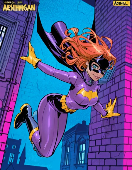 glbmelk, western comic art style,  masterpiece, best quality, aesthetically pleasing, ultra-detailed, absurbres, highres, high quality, detailed eyes, detailed sharp lineart, shiny skin, 8k, sharp focus, beautiful, perfect lighting, beautiful eyes, anatomically correct, anatomically correct face,  female focus,  dynamic angle, 1girl, batgirl_(dcau), barbara_gordon, orange hair, blue eyes, lips, makeup, cute, mask, purple bodysuit, cape, gloves, belt, boots, medium breasts, narrow waist, flowing hair, smile, looking at viewer, dynamic pose, coming out of window, jumping, new york alley, brick building, wires, night, 
<lora:GlebMelkinov_Artstyle_Illustrious-000005:1>