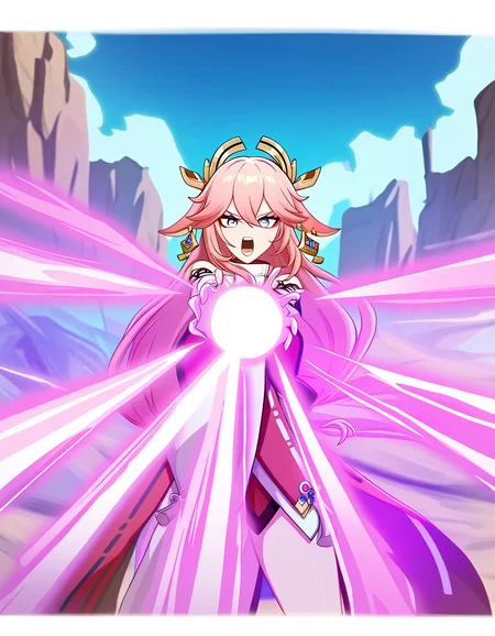 masterpiece, best quality, newest, absurdres, highres, safe,, <lora:yae-miko-ingame-ponyxl-lora-nochekaiser:1>, yae miko, animal ears, floppy ears, fox ears, hair between eyes, long hair, pink hair, purple eyes, pink hair, large breasts, <lora:kamehameha-illustriousxl-lora-nochekaiser:1>, kamehameha, kamehameha (dragon ball), open mouth, outstrecthed arms, torn clothes, shouting, energy, energy beam, outdoors, wasteland, cowboy shot,
