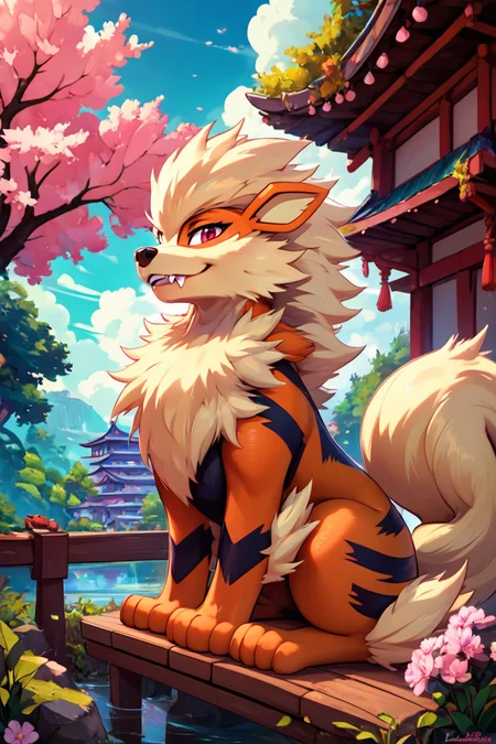 score_9, score_8_up, score_8, ,,, , ,,, zzArcanine, no humans, pokemon (creature), <lora:Arcanine_Pokemon_PDXL:0.8>, ,,,, BREAK, sitting on bench, side view, smile, looking at viewer, cowboy shot, ,,, BREAK, pnkBldng, sky, day, cloud, tree, blue sky, building, architecture, east asian architecture, ,,, BREAK, embedding:zPDXL, Expressiveh, ,,, <lora:PinkBuildingsPDXL_v2:0.6>, <lora:SDXLFaeTastic2400:0.5>, <lora:Expressive_H-000001:0.4>