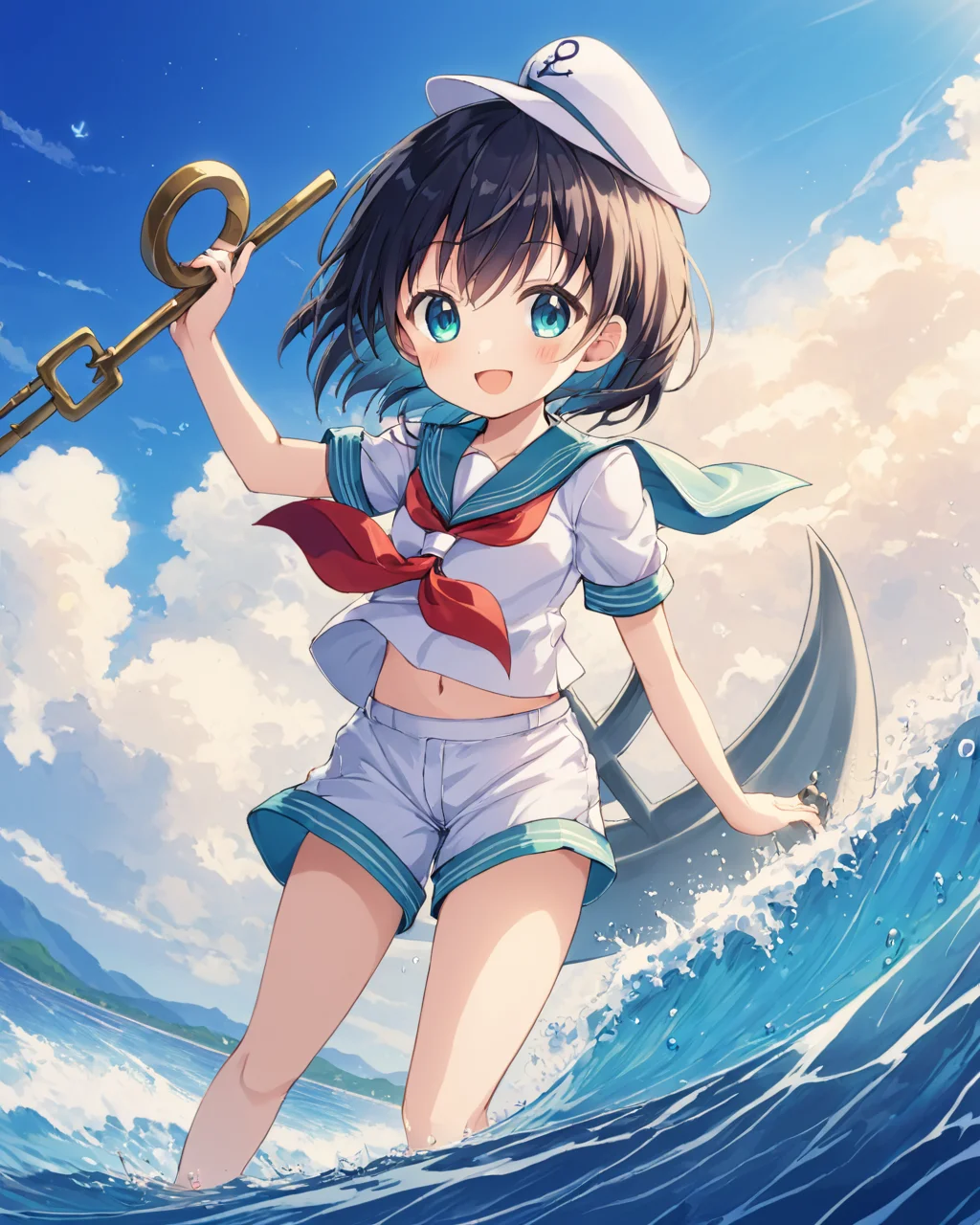 murasa minamitsu, sailor_hat, hishaku, open_mouth, water, sailor, 1girl, shorts, smile, anchor, cloud, solo, neckerchief
<lora:murasa_minamitsu_image2637_2023-12-20-000008:1>,star-shaped_pupils,symbol-shaped_pupils,. gorgeous,key visual, vibrant, studio anime,award-winning, professional, highly detailed,high budget, cinemascope