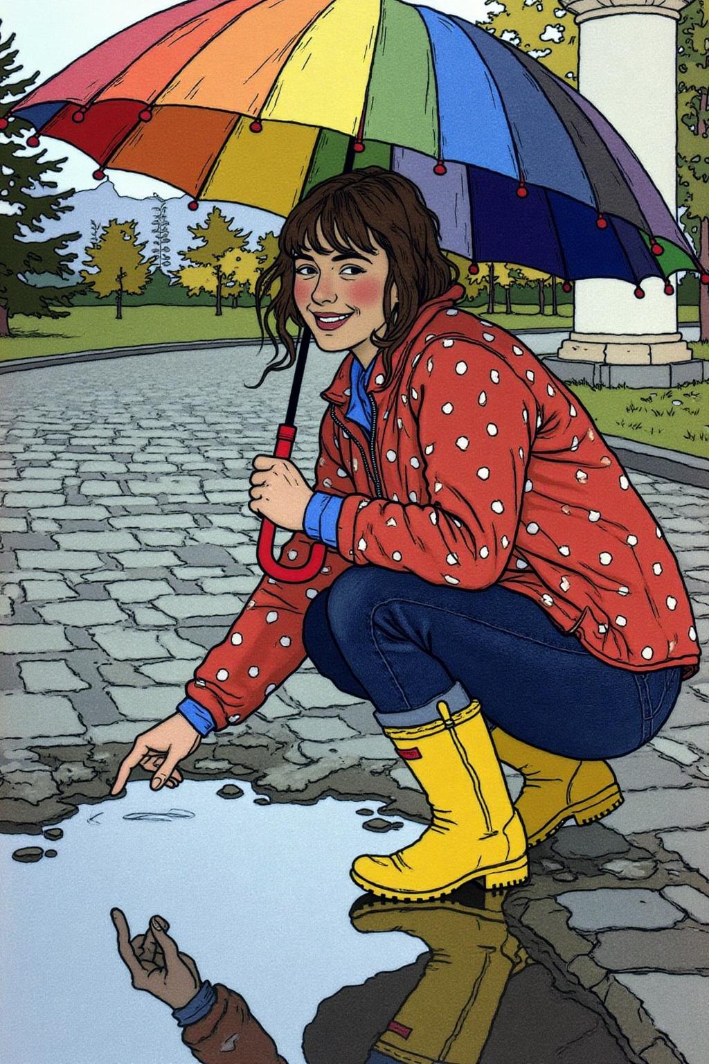 ivanbilibin1 illustration. A young woman, angled from slightly above and to the right, crouching low to the ground in a puddle. The young woman is wearing bright yellow rubber boots and a red jacket with white polka dots. The jacket sleeves are pushed up to reveal blue cuffs. The young woman also wears dark blue jeans and has a smile on her face as she extends her right index finger to touch the water in the puddle. Above the young woman is a large, open umbrella with rainbow-colored panels and a red handle. The ground is wet and paved with grey stones, reflecting the sky and umbrella. <lora:ivanbilibin2_cap_d6a3e11:1.0><lora:857362811783770145:0>