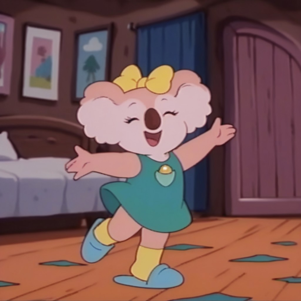 score_9, score_8_up, score_7_up, score_6_up, score_5_up, score_4_up, source_furry, Laurakoala, semi-anthro, female, koala, peach fur, green dress, yellow bow, yellow socks, blue slippers, dancing, bedroom,