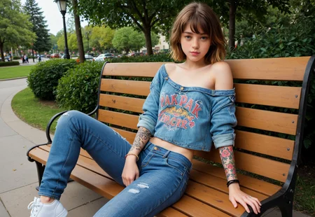 safe_pos, andrea, 1girl, solo, park bench, public park, off shoulder, oversized shirt, skinny jeans, arm tattoo, freckles, very small breasts, braless, sneakers, bracelet, jean jacket