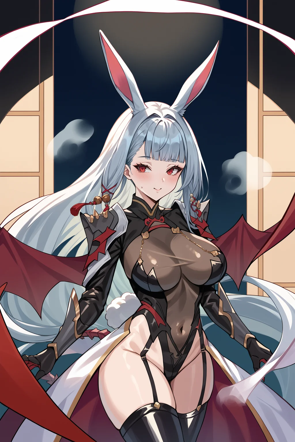 score_9, score_8_up, score_7_up, , rating_general ,1girl ,kgrsd, red eyes, blunt bangs, grey hair, very long hair, low-tied long hair, rabbit ears, braided sidelocks, hair tassel, hair ornaments, shrug (clothing), shoulder spikes, shoulder armor, halter leotard, bodystocking, vambrace, black armored gloves, mechanical tail, demon wings, garter straps, black thighhighs, thigh boots, indoors, source_anime, <lora:KaguraPDCAMEq1v1.1 GBF-000008:1>, cowboy shot, abstract, spotlight, naughty face, alluring, shiny skin, in heat, steaming body , <lora:RegensburgPDCAMEq2 AL:0.7>