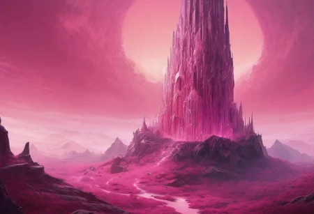 crystal conclave, landscape, shadowed trees, pink crystal land, one big tower, sky piercing tower, tower shaped like a hand, hand of god, crystal pink land