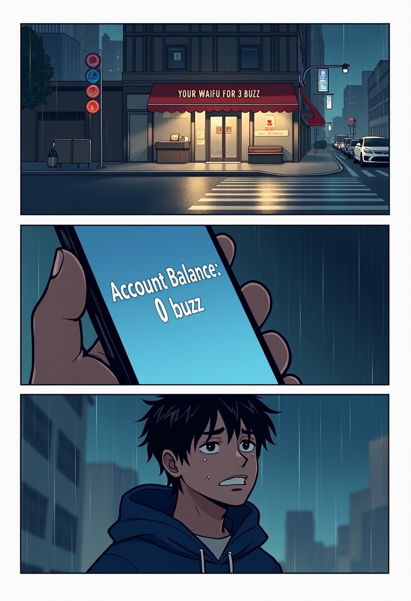 A three panel comic, the setting is a city center at night, it's raining, the first panel is a wide shot of a store labeled "Civitai" displaying the banner "YOUR WAIFU FOR 3 BUZZ",
The second panel is a close-up of a phone screen displaying the text "Account Balance: 0 buzz",
The last panel is a close-up of very sad man, wearing a hoodie, crying, with tears in his eyes