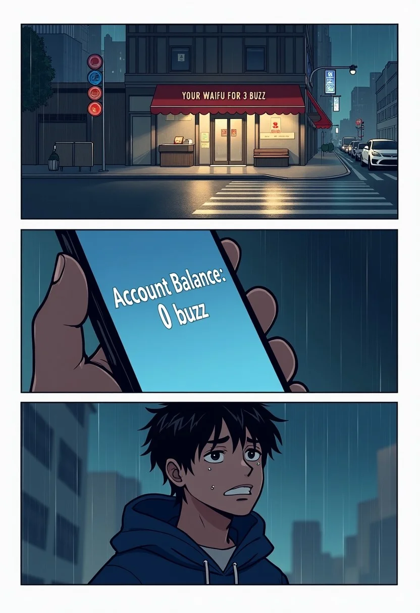 A three panel comic, the setting is a city center at night, it's raining, the first panel is a wide shot of a store labeled "Civitai" displaying the banner "YOUR WAIFU FOR 3 BUZZ",
The second panel is a close-up of a phone screen displaying the text "Account Balance: 0 buzz",
The last panel is a close-up of very sad man, wearing a hoodie, crying, with tears in his eyes