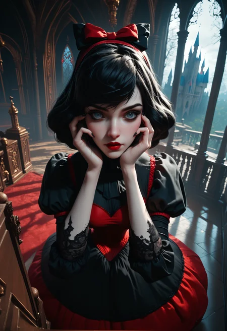 score_9, score_8_up, score_7_up, embedding:c4stl3_v2a, 1girl, Snow White, disney, high-angle view, hands on own cheeks, indoors