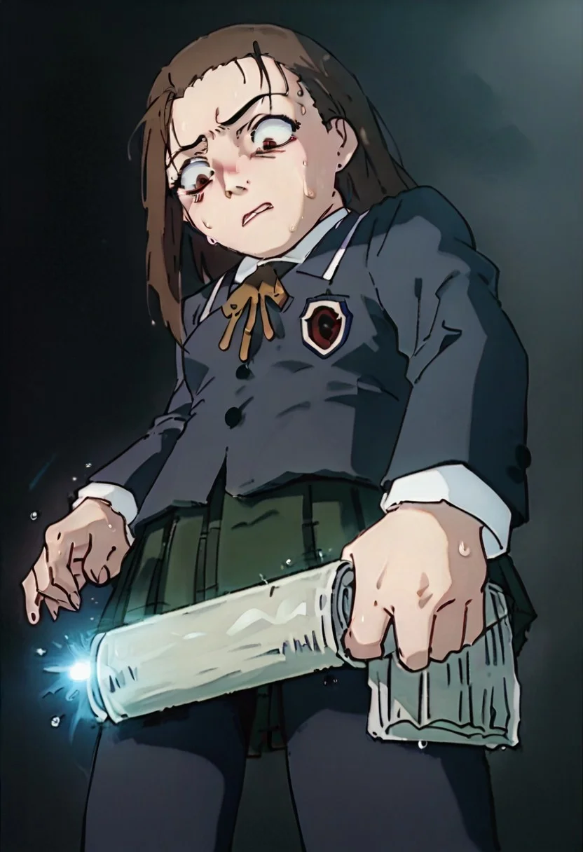 score_9, score_8_up, score_7_up, score_6, source_anime, iwakura mika, ((school uniform)), complete darkness, completely dark, pitch black, full obscurity, no light, dark night, chibi, from below view, (((looking down, holding small compact grey paper roll))), sweating, terrified, scared, horrified, ((black background))