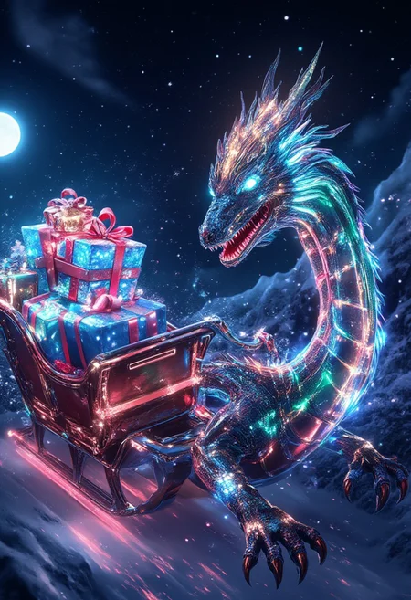 xmas_style_2K24, aidmaMJ6.1, aidmaimageupgrader, A majestic digital dragon with a sleek, glowing, metallic body and scales made of shimmering circuit boards pulls Santa's sleigh through a starry, futuristic sky. The dragon's wings are translucent, pulsing with neon energy, and its eyes glow with a piercing light. The sleigh, crafted from high-tech materials, sparkles with holographic designs and is loaded with futuristic Christmas gifts wrapped in glowing, metallic paper. Streams of binary code trail behind the sleigh, blending into the digital night sky, which is filled with shimmering constellations and a glowing cyber-moon. The scene combines the magic of Christmas with the grandeur of a digital fantasy world.