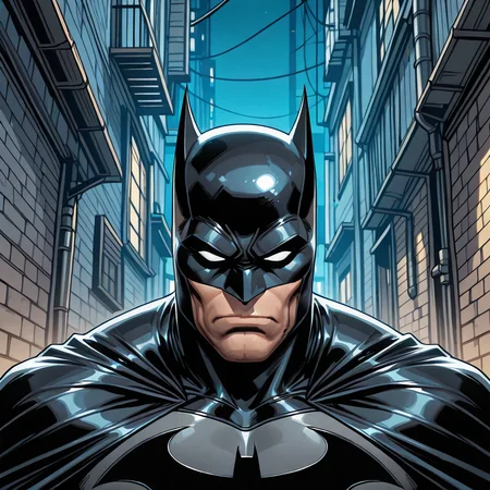 <lora:Batman_-_IO_Illustrious:0.7>,1boy, close up, upper body, Batman, cowl, cape, batsuit, white eyes, blank eyes, standing in an alley, night scene