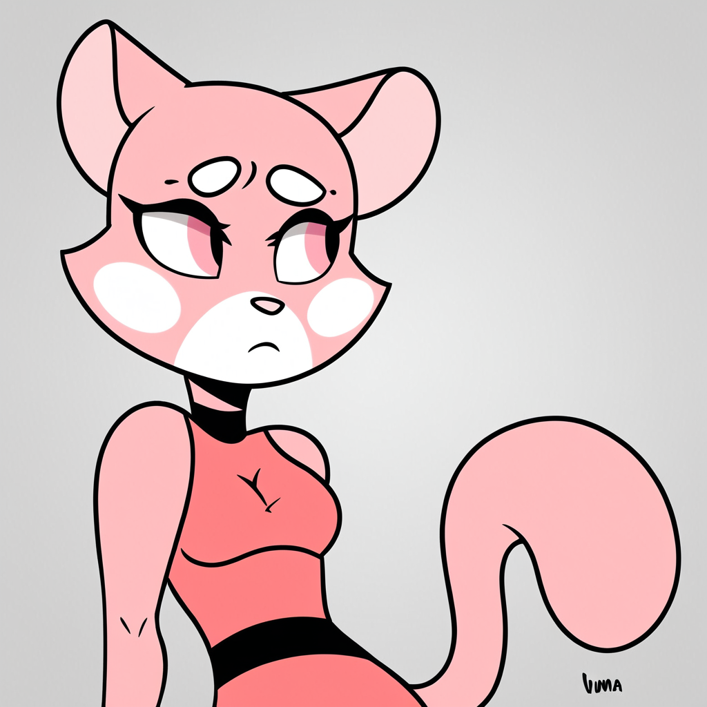 score_9_up, score_8_up, score_7_up, rating_questionable, furry_female, felid, (shima luan:1.2), pink eyes, tight pink dress, looking to the side, multicolor gradient background, gradients, <lora:ShimaPDXL:0.8>, , by vimhomeless <lora:Vimhomeless_StylePony_XL:1>