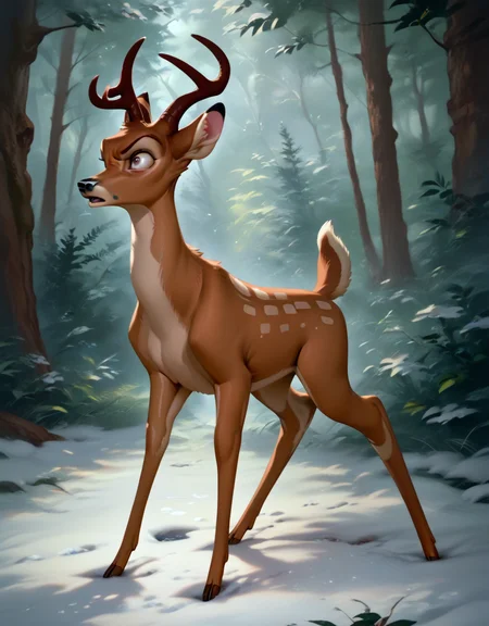 score_9, score_8_up, score_7_up, score_6_up,
bambi, adult, horns, deer, solo, ((Four legs,)) hyperdetailed, detailed fur, forest, full body, snow, angry,
<lora:add-detail-xl:0.8><lora:Bambi:1> <lora:Furry Enhancer 6.1:2>