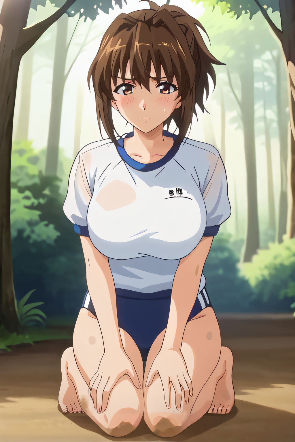 score_9, score_8_up, score_7_up, source_anime, rating_safe, intricate details, official style, anime screencap, 1girl, solo, <lora:Kagami_Sayoko:1>, kagamisayoko, brown eyes, brown hair, ponytail, short hair, large breasts, gym uniform, white shirt, short sleeves, blue buruma, thighs, looking at viewer, barefeet, full body, dirt, kneeling, forest, blush, hands on knees, sad expression