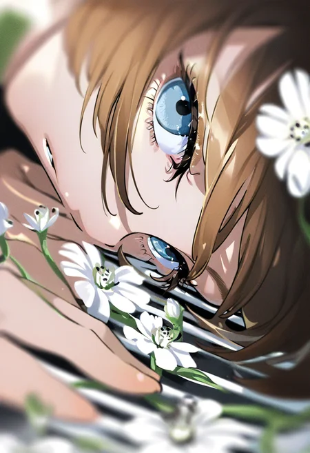 solo, 1girl, flower, blurry, eyelashes, parted lips, close-up, white flower, depth of field, lying, looking at viewer, brown hair, short hair, bangs, blue eyes <lora:yoneyamaiXL_NBVP1_lokr_V6311P:0.95>