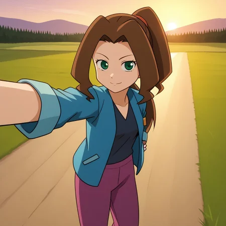 score_9, solo, cute, Samantha_medabots, brown hair, ponytail, green eyes, shirt, jacket, pants, selfie, outdoors. natural lighting