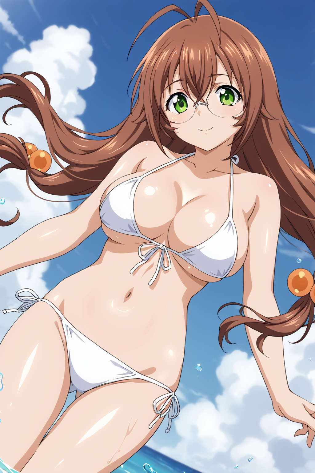 score_9, score_8_up, score_7_up, BREAK source_anime, masterpiece, anime screencap, shiny skin,
1girl, solo, ryuubi gentoku, long hair, ahoge, brown hair, hair ornament, hair bobbles, green eyes, large breasts, glasses,   <lora:ryuubi_pony-000020:0.7>
white bikini,