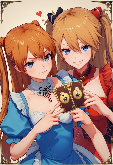 score_9, score_8_up, score_7_up, 2girls, alice in wonderland style, Asuka Langley, blue dress, detached collar, Queen of Hearts, holding card, smug grin, Ami Arakawa