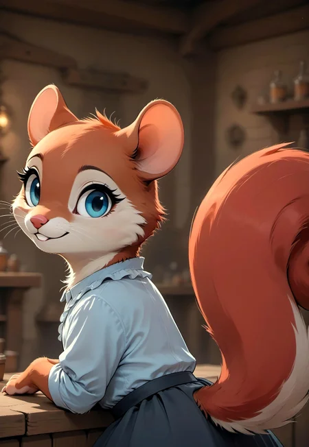 score_9, score_8_up, score_7_up, score_6_up, score_5_up, score_4_up, 
[][][][][] 
red fur, blue eyes, (((squirrel))), (feral:2)
[][][][][] 
(solo), frilly white shirt, black skirt, tavern, rear view, looking at viewer, smile, (fluffy tail:1.5), head focus, close up, upper body shot, 