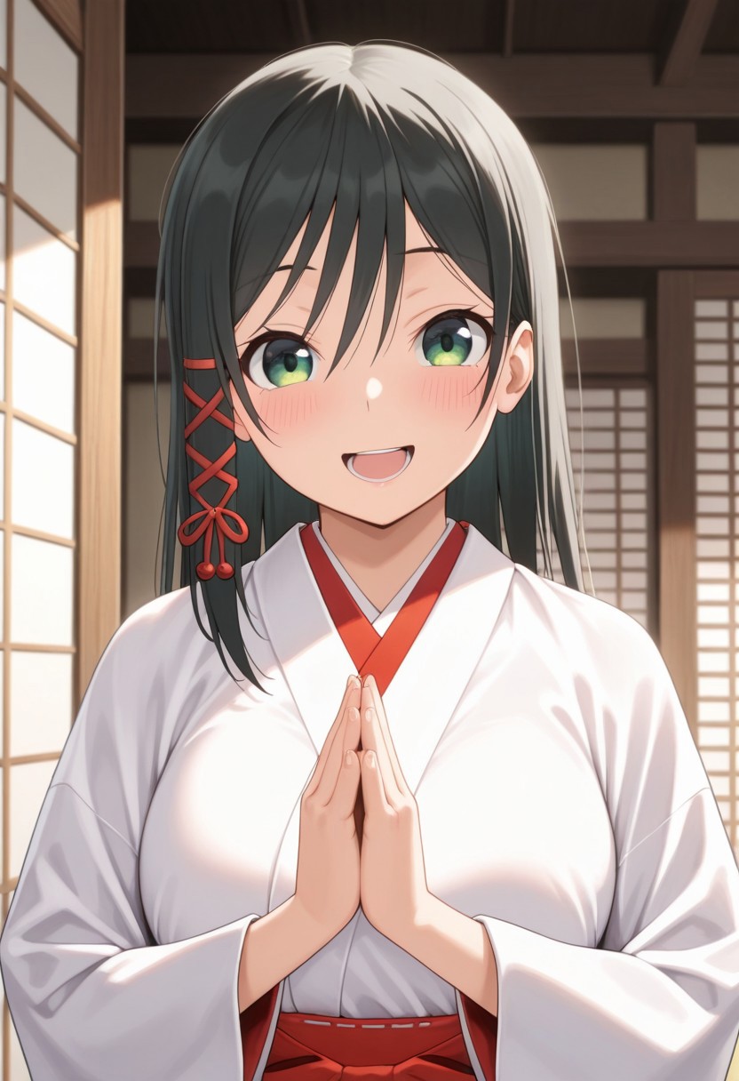 masterpiece,best quality,amazing quality, yae amagami, long hair, black hair, green eyes, 1girl, solo, japanese clothes, open mouth, smile, kimono, looking at viewer, hair ribbon, miko, white kimono, own hands together, blush