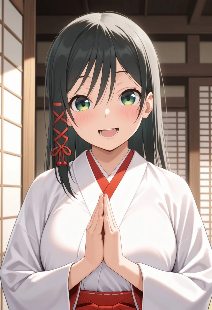 masterpiece,best quality,amazing quality, yae amagami, long hair, black hair, green eyes, 1girl, solo, japanese clothes, open mouth, smile, kimono, looking at viewer, hair ribbon, miko, white kimono, own hands together, blush
