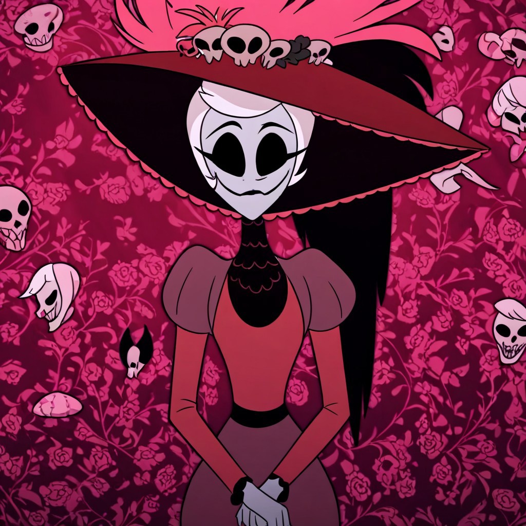 masterpiece, best quality, newest, absurdres, highres, HHp4ck-Style-V1.0, official style, 1girl, HHOVP-ROS-V1.0, hat, white hair, red dress, black lips, black eyes, colored skin, white colored skin, frilled hat, frilled sleeves, frills, hat feather, hat ornament, pufy sleeves, empty eyes, hat flower, red headwear, skull,