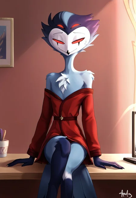 Stolas Goetia of Helluva Boss, 34 years old, relaxed, nice and cozy red morning gown, home, computer_on_fire, sitting behind desk, StlsGtia_Dskfll, stolas, N0R3AL_PDXL, PonyXLV6_Scores, blue body, feathers, bird, anthro, anthro bird, white face, red sclera, black hands, messy hair, large messy hair, dark blue messy hair, 4eyes, two sets of eyes, tail, bird tail, black and blue legs, (male anthro bird:1.3).