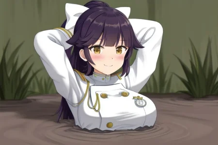 1girl, solo, huge breast, takao, military_uniform, partially_submerged, in mud, flooding up to the chest, upper body, jacuzzi, bathtub, tile wall, hot mud, hot tub, arms up, seductive smile, raised eyebrows, blush, loving aura, arms behind head,