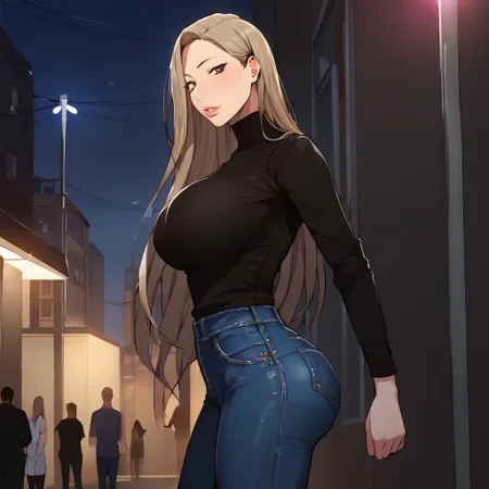 miachadef, blonde hair, brown eyes, long hair, ng_deepnegative_v1_75t, Expressiveh, pureerosface_v1, score_9,score_8_up,score_7_up, source_anime, [:(detailed face:1.2):0.2], shiny eyes, looking at viewer, seductive face, perfect body, light-skinned, athletic body, big breasts, rounded breasts, big ass.
wearing black second skin shirt, leather jacket, blue jacket, jeans, ripped jeans, tight jeans, city in the background, in the middle of the street, streetlights, at night