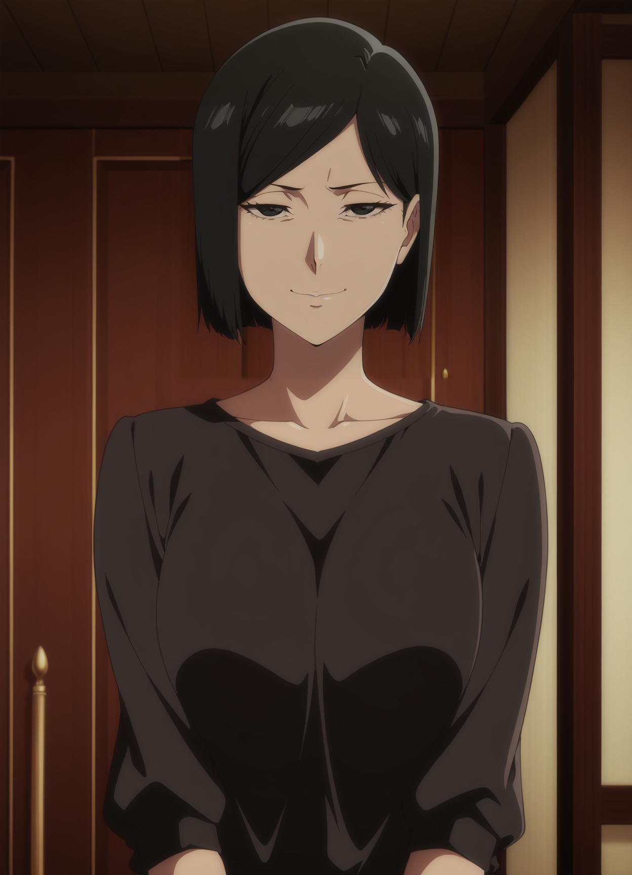 1girl,solo,mm,mature female,black hair,short hair,black eyes,bob cut,anime coloring,
shirt,upper body, looking at viewer, smile,indoors
,masterpiece,best quality,amazing quality,<lora:Izumi_Ishida-Bleach_Sennen_Kessen-hen-000004:0.8>