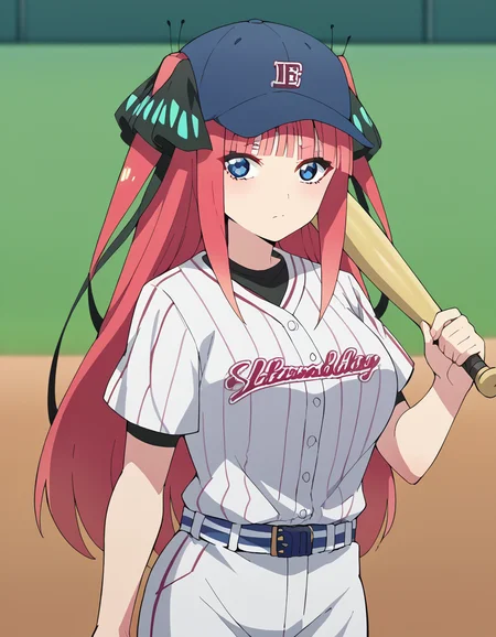 score_9, score_8_up, score_7_up, source_anime, <lora:nnakano-s2-ponyxl-lora-nochekaiser:1>, long hair, bangs, blue eyes, hair ornament, hair ribbon, pink hair, blunt bangs, two side up, butterfly hair ornament, large breasts,, <lora:baseball-uniform-ponyxl-lora-nochekaiser:1> baseball uniform, baseball, striped belt, shirt under shirt, sportswear, ribbed shirt, baseball helmet, baseball bat, baseball jersey, baseball field, holding baseball bat,, , cowboy shot,