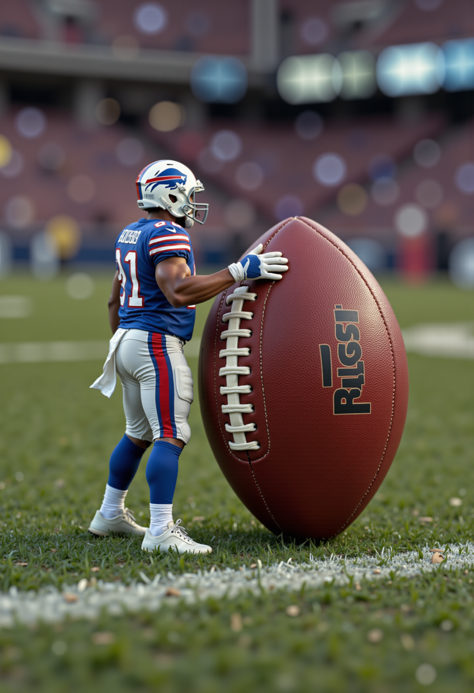 raw photo, a miniature Buffalo Bills player standing next to a football towering over him on the field, about to kick a field goal