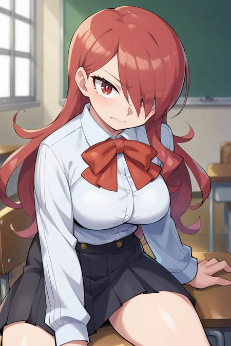 score_9, score_8_up, score_7_up, BREAK, <lora:sunafukitabito-guy-PONYv1:1>, 1girl, solo, breasts, <lora:persona3_kirijou_ponyXL:0.9> kirijodef, hair over one eye, gekkoukan high school uniform, white shirt, long sleeves, red bow, black skirt, indoors, school