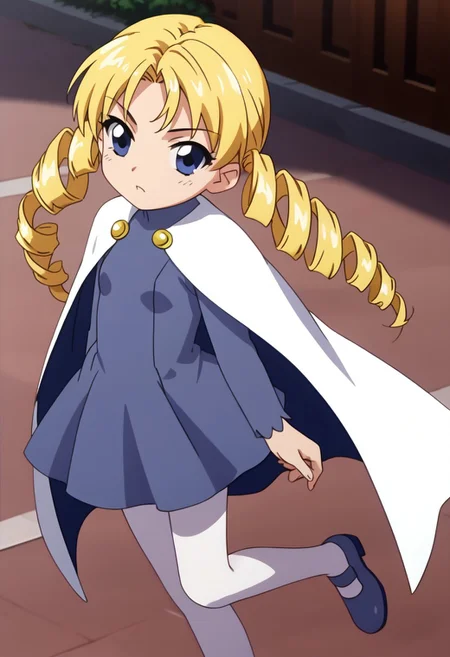 score_9, score_8_up, score_7_up BREAK Alkanet, 1girl, blonde hair, blue eyes, drill pigtails, long-sleeved blue dress, white tights, blue mary-jane shoes, white cape, female, female focus, screenshot, official art, parody, anime footage, official design, screencap, anime screenshot, official screenshot, 2d, anime, source_anime, solo, solo focus,