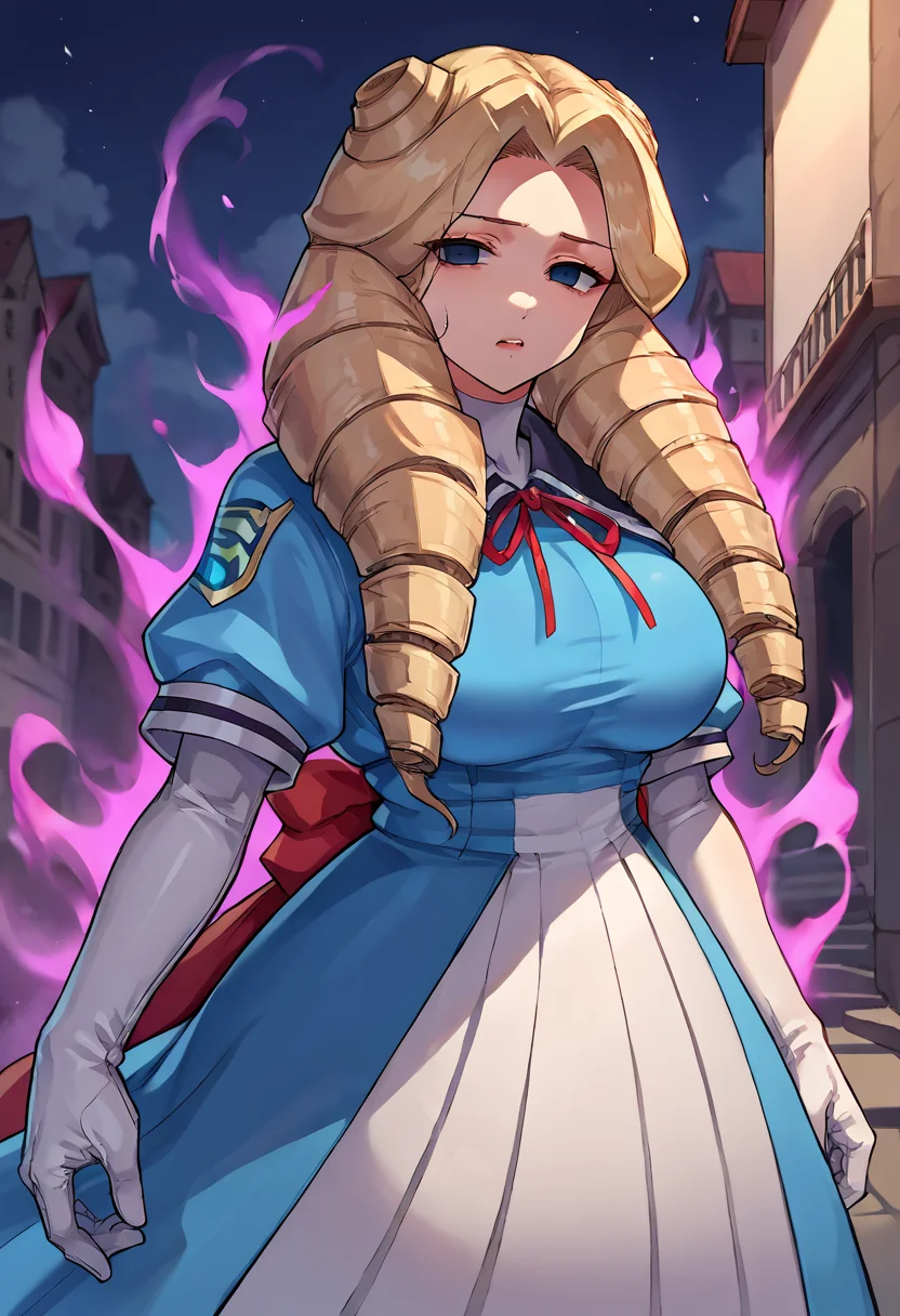 score_9, score_8_up, score_7_up, source_anime BREAK 1girl, solo, justice_yurika, <lora:Dark_Smoky_Aura:0.8> SmokeyAura, aura, smoke, blue dress, white gloves, long skirt, pleated skirt, large breasts, curly hair, blonde hair, twin drills, blue eyes, empty eyes, looking at you, (open mouth:0.5), night, outdoor <lora:justice_yurika:1>