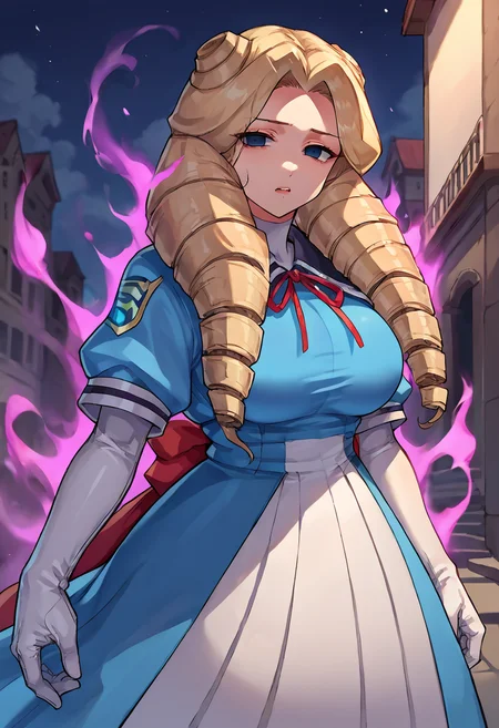 score_9, score_8_up, score_7_up, source_anime BREAK 1girl, solo, justice_yurika, <lora:Dark_Smoky_Aura:0.8> SmokeyAura, aura, smoke, blue dress, white gloves, long skirt, pleated skirt, large breasts, curly hair, blonde hair, twin drills, blue eyes, empty eyes, looking at you, (open mouth:0.5), night, outdoor <lora:justice_yurika:1>
