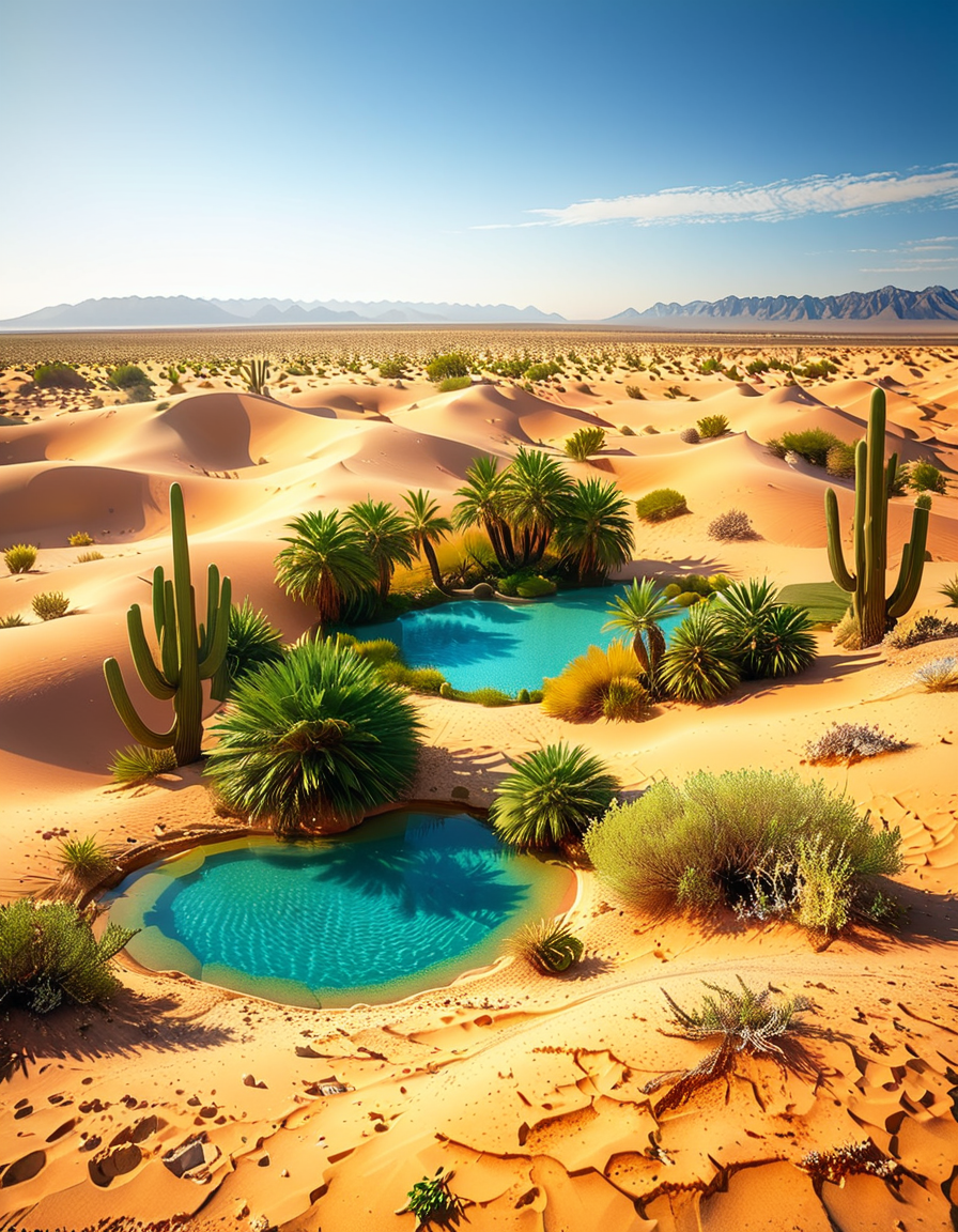 A serene oasis in the middle of an expansive golden desert, surrounded by rolling sand dunes under a vibrant blue sky. The oasis features a small, crystal-clear lagoon with calm, reflective water, bordered by lush green palm trees and colorful tropical plants. The scene is bathed in warm sunlight, with soft golden light illuminating the sand and creating subtle shadows among the dunes. In the background, faint silhouettes of distant mountains blend into the horizon. A few wisps of white clouds drift lazily in the sky, adding depth and texture to the composition. The overall atmosphere is peaceful and tranquil, evoking a sense of calm and wonder in the harsh desert landscape.<lora:SDXLFaeTastic2400:0.4> <lora:extremely_detailed:0.4> extremely detailed, <lora:O4s1s:1>,O4s1s, Masterpiece,best quality,hi res,8k,hi res,8k,award winning,(sharp focus, intricate, highly detailed),