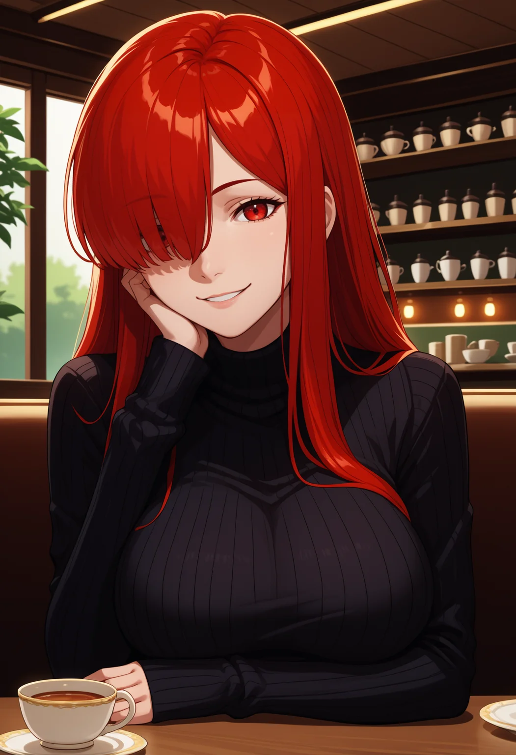 score_9, score_8_up, score_7_up, source_anime, <break> upper body, solo, 1girl, 0daavgr, smile, looking at you, elbow rest, red hair, hair over one eye, red eyes, black sweater, turtleneck sweater, long sleeves, large breasts, indoors, cafe, teacup
<segment:yolo-face_yolov8m.pt,0.4,0.5//cid=1>
