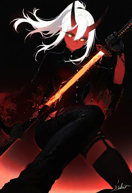simple background, signature, wide sleeves, black background, ,4ki4k4ne_illu, XUER guangying, 
BREAK 
(sexy, slutty, hot, aroused), HDR, high contrast , masterpiece, best quality, very aesthetic, high resolution, ultra-detailed, absurdres,volumetric lighting, dramatic shadows, cinematic lighting, newest,illustration, perfect composition,perspective,incredibly absurdres,cute, nsfw, raytracing,soft lightin, highly detailed,Dutch angle,
BREAK
Aka-Oni, oni, colored skin, (red skin:1.3), smooth horns, black horns, long hair, floating hair,
BREAK
96YOTTEA, 1girl, solo, looking at viewer, white hair, hair between eyes, long side locks, slightly disheveled hair, ponytail, black shirt with buttons, black gloves, weapon, black jeans, holding katana, black thighsocks, blood, katana, sheath, fighting stance, darkness, red gradient, calm hate, numb emotions, tired eyes, medium breasts, unsheathing katana, about to attack, dutch angle, perspective, fisheye effect, close-in, focus on blade, shiny blade, v-shaped eyebrows, glowing background, blood blash