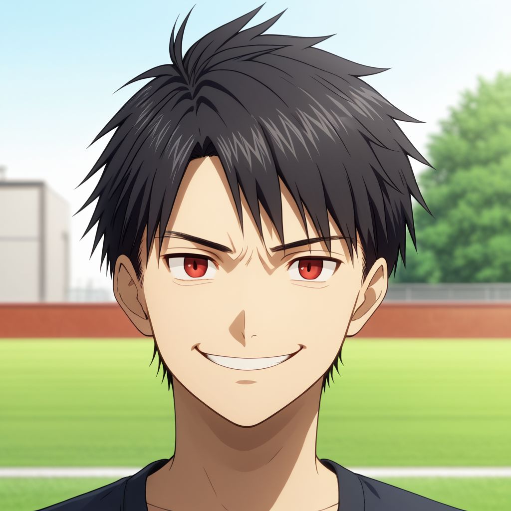 high resolution, solo, best quality, 1Boy, Yamato Ishida, Black Hair, Red Eyes, portraits, looking at viewr, arrogant face, gentle smile, outdoor, facing straight forward, Half Body, Depth Of Field, OverallDetail