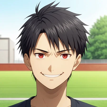 high resolution, solo, best quality, 1Boy, Yamato Ishida, Black Hair, Red Eyes, portraits, looking at viewr, arrogant face, gentle smile, outdoor, facing straight forward, Half Body, Depth Of Field, OverallDetail